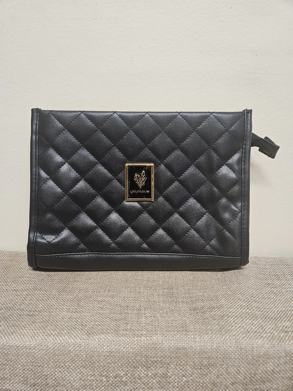 Younique Quilted Black Cosmetic Bag with Gold Plaque